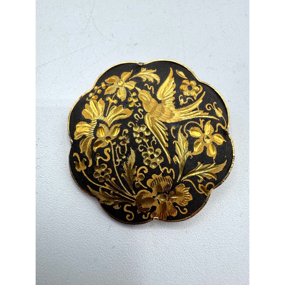 Vintage Spanish Damascene Bird and Floral Brooch Gold Inlay Scalloped Round Pin